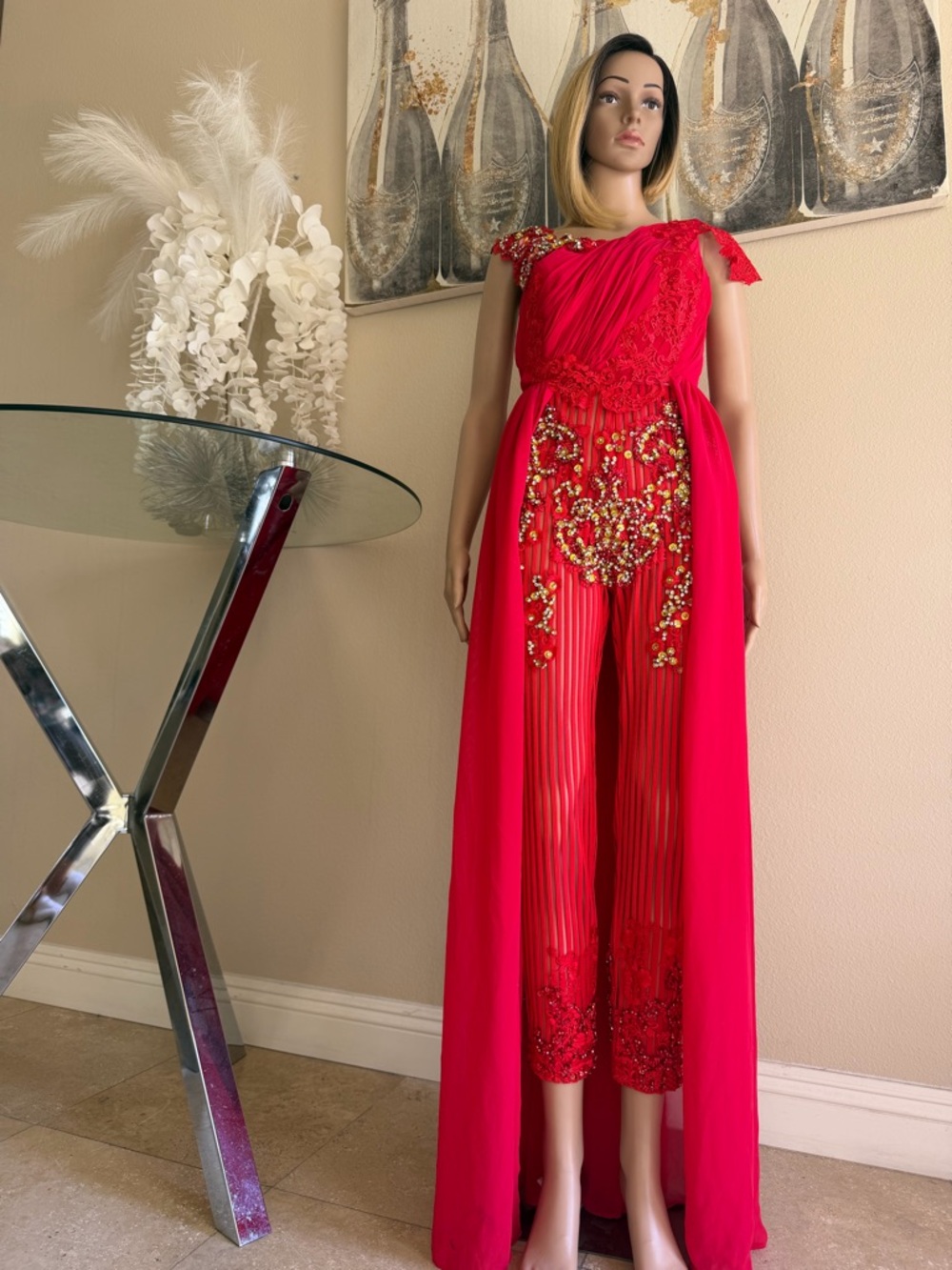 Red Embellished Sheer Panel Jumpsuit - Picture 5 of 6